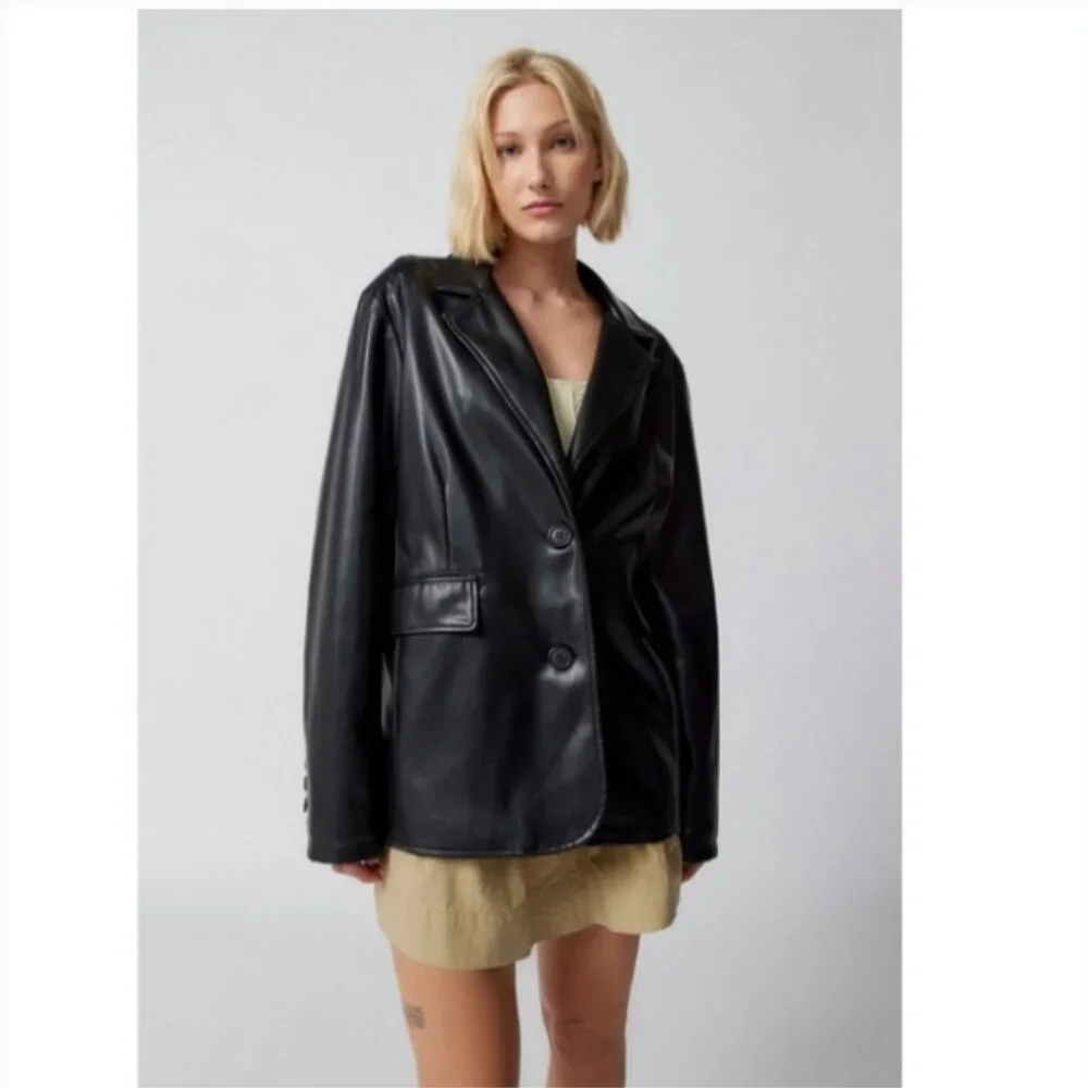 Urban Outfitters Womens Size S Jules Faux Black Leather Blazer Oversized Jacket